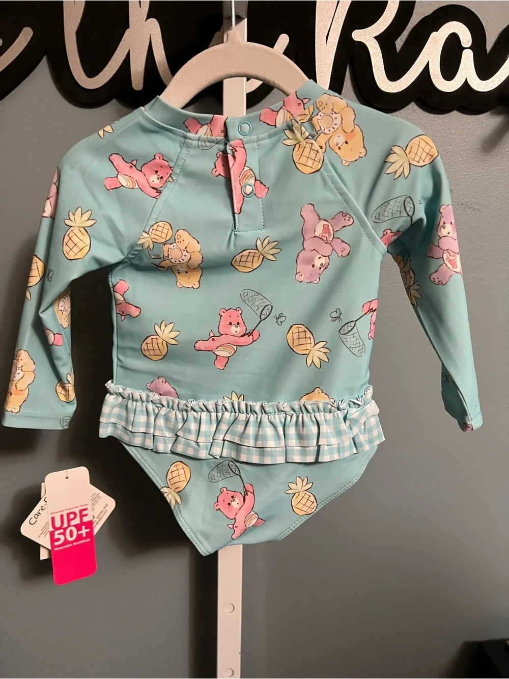 Care Bear Baby Pastel Pineapple & Bear Ruffle UPF 50+ Swimsuit NWT 6-9 months